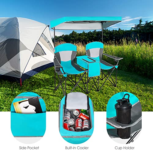 Safstar Double Camping Chair With Canopy Shade, Folding Loveseat Camping Chairs With Mini Table Beverage Cup Holder Carrying Bag, Fold Up Chairs For Outside Beach Lawn Camping Activity, Turquoise #TOP5