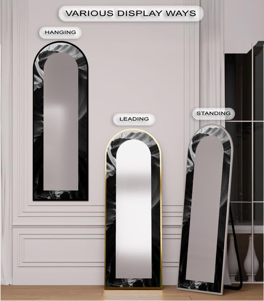 Specchio da pavimento con struttura in marmo nero, lunghezza totale 50,8 cm x 167,8 cm, specchio da pavimento colorato con cornice nera
