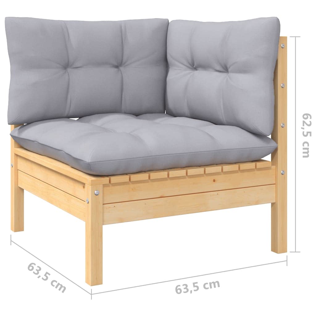 10-częściowy drewniany zestaw wypoczynkowy do ogrodu z litej sosny z szarymi poduszkami, modułowy komplet mebli ogrodowych na taras, wytrzymały do 110 kg na siedzisko