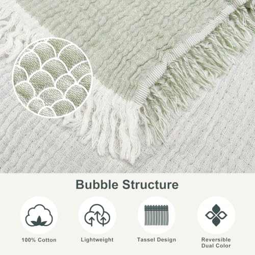 Image of EMME Muslin Throw Blanket with Tassels, 100% Cotton Gauze, Green, 50 inchx60 inch | Soft Breathable Gauze Throw, Lightweight, Cozy for Adults Couch Sofa Bed, Gifts for Women Mom, Boho Home Decor, All Season