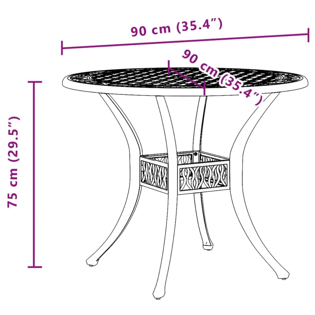Stół ogrodowy z brązu, odlew aluminiowy, Ø 90 x 75 cm, stół tarasowy z otworem na parasol, stół balkonowy do ogrodu, na patio, kemping, stabilny stolik pomocniczy do jedzenia i pikniku