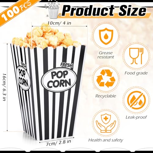Image of Xinnun 100 Pcs Popcorn Boxes 32 oz Classic Stripe Paper Popcorn Buckets Bulk Disposable Oil Proof Container Vintage Retro Open Top Holders for Movie Night Supply Theater Carnival Party(Black)