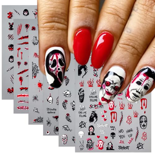 Halloween Nail Stickers Horror Nail Art Stickers Scary Spooky Skull Nail Design Stickers Blood Scar Devil Eyes Nail Art Stickers for Gel Nails,Nail Decor for Women (Halloween Series 6 Sheet)