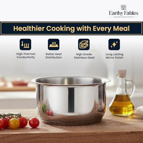 Image of Earthy Fables Stainless Steel Heavy Bottom Tope /Patila /Bhogona /Tapia for Milk, Boiling, Better Nutrition & Heat Distribution, Uses Less Oil & Gas, Stove & Induction Bottom, 20 cm, 3.1L