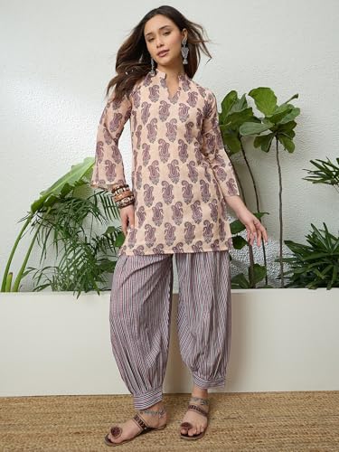 Image of EthnicJunction Women's Linen Floral Print Summer Wear Straight Short Kurti With Afghani Pant Set | Co Ord Set for Women Stylish | Fusion wear Women