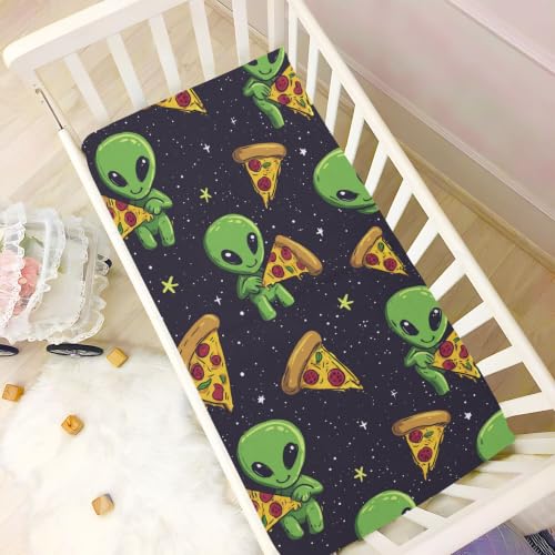Image of Cute Green Alien Pizza Crib Sheets Soft Breathable Fitted Baby Crib Sheets Mattress Cover for Girls Boys, 52 inch x 28 inch x 9 inch