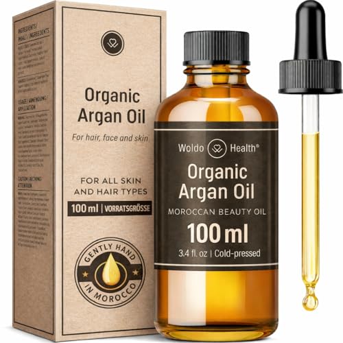WoldoHealth 100% Bio-Arganöl kaltgepresst für Haare, Gesicht & Haut – Naturreines Haaröl mit Pipette, 100 ml ohne Zusätze