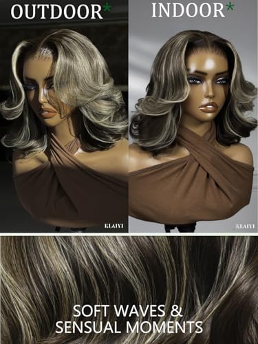 Image of KLAIYI Bye Bye Slip Highlight Blonde Bob Loose Wave Pre Everything 13x4HD Lace Front Wigs Human Hair Ombre Brown Layered Blowout Glueless Drawstring Pre Plucked Bleached Knots Face Framing Wig 12Inch