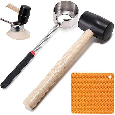 Coconut Opener Tool Set, Food Grade Stainless Steel Coco Opener Kit for Coconut Young & Mature, Coconut Shell Puncher Knife, Rubber Hammer with Wood Handle, Silicone Mat Shockproof Cover