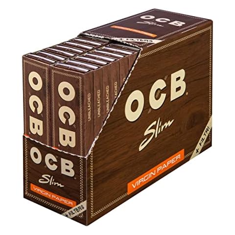 1 Box - OCB Virgin Slim Unbleached Rolling Paper King Size + Filter Tips Cover