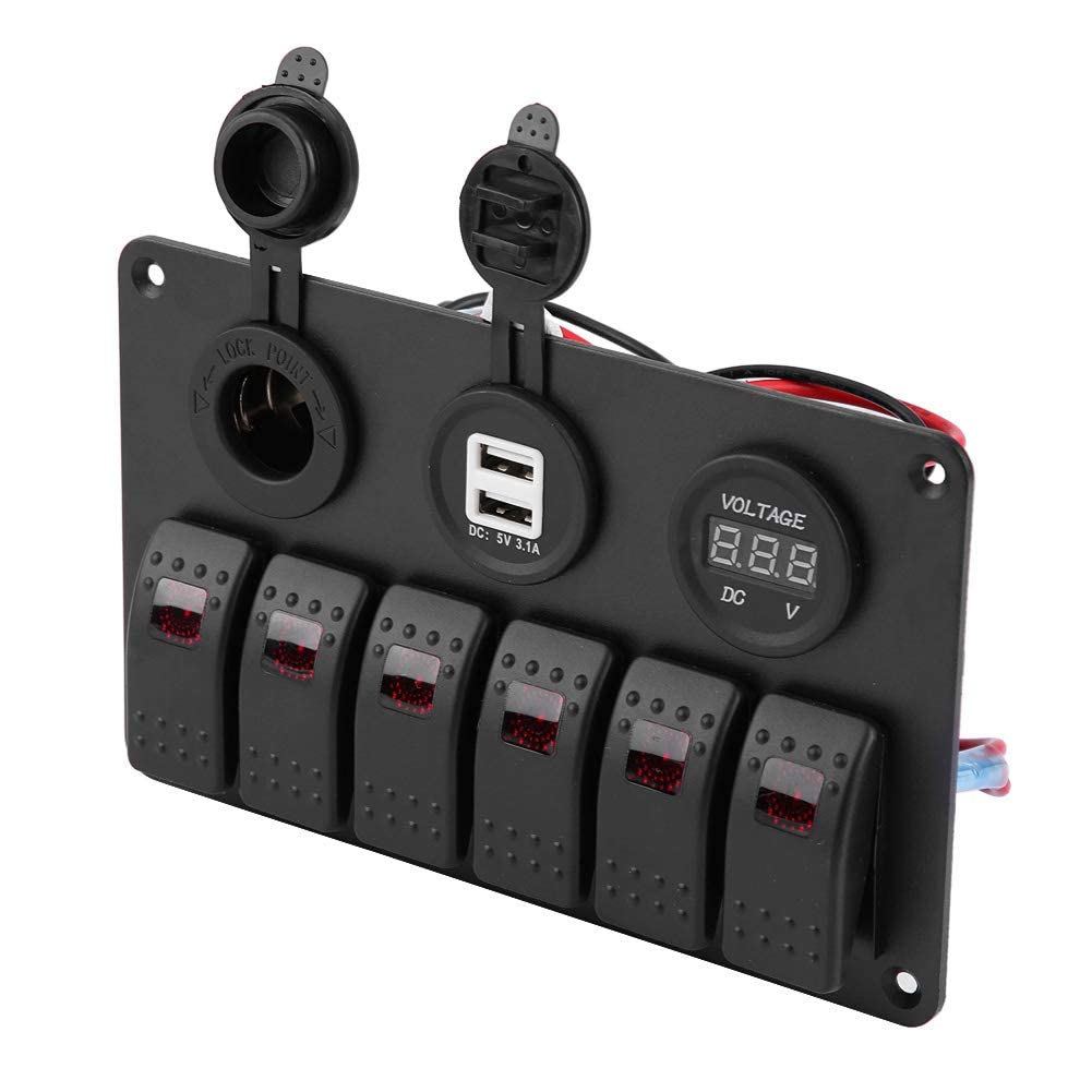 Pannello Interruttori, 12V 24V 6 Gang Car Boat Marine LED Rocker Switch Panel Dual USB Voltmetro Accendisigari(Rosso)