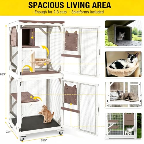 Image of Aivituvin Cat Catio Outdoor Cat House Movable Large Enclosures on Exercise Wheels Kitty Cage with Upgraded Resting Box,Waterproof Cover,24.5 inch L x 23.4 inch W x 62.8 inch H Camel
