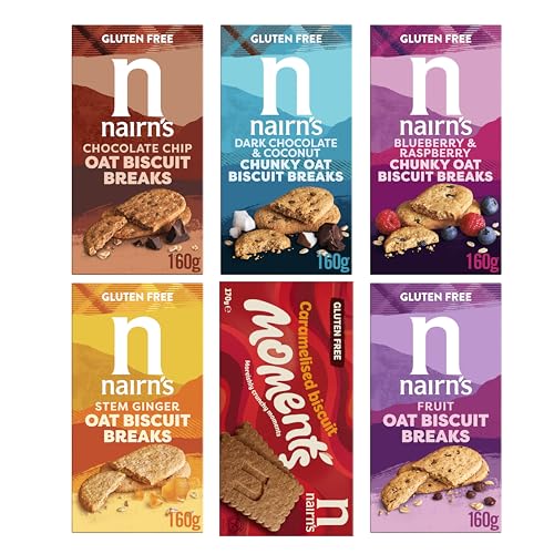 Nairn's Oat Biscuit Breaks - Gluten Free Variety Pack - Healthy Snacks - Biscuits, Chunky Oat Bisc.: Choc Chip, Stem Ginger, Fruit, Caramelised Bisc., Dark Choc Coconut, Blueberry & Raspberry - 6 Pack