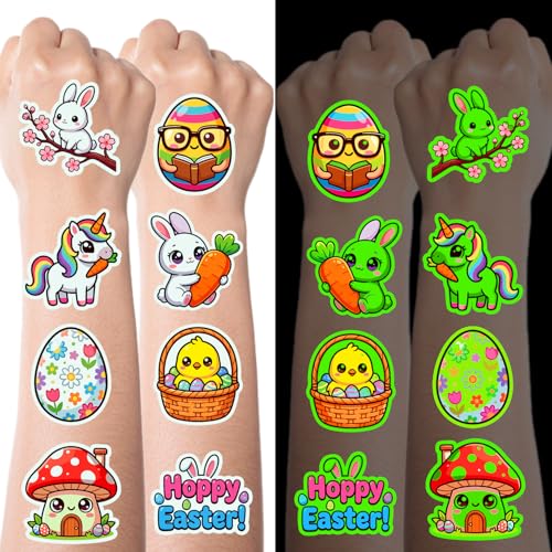 JCFIRE Luminous Easter Basket Stuffers, Glow in Dark Temporary Tattoos for Kids, Easter Egg Fillers,...