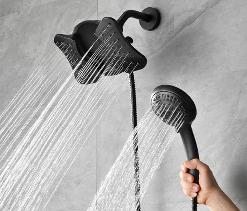 Image of GRICH Shower Head with Handheld Spray - Dual High Pressure Showerhead | Rainfall Shower Heads Combo, Detachable Hand Shower, 9 Spray Settings, 60 inch Stainless Steel Shower Hose, 2.5GPM, Black