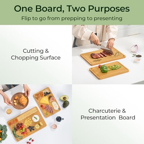 Image of Keechee Natural Bamboo Cutting Board Set of 2, Wood Chopping Blocks | Deep juice grooves, built-in handles, versatile two piece set for meat, cheese and fruit
