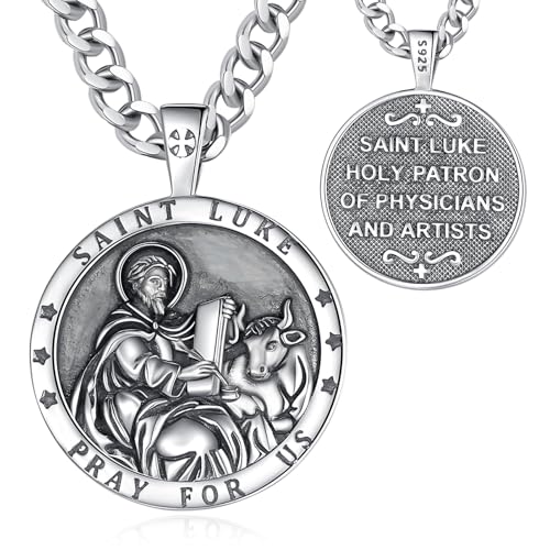 Vito 925 Sterling Silver Saint Luke Necklace for Women Men, St Luke Medals St.Luke Pendant Religion Protection Amulet Jewelry Gift for Mom Dad, 24