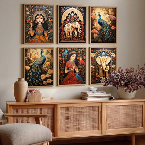 Image of kotart Premium Digital Madhubani Art Paintings with Frame for Home Decor - Framed Painting for Living Room Bedroom Office Room Decor - Painting for Wall Decoration - Pack of 6 (D)