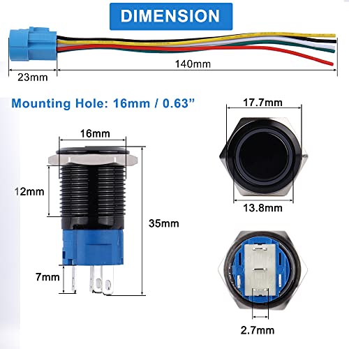 Image of 2PCS 16mm Metal Waterproof Anti-Vandal Latching Push Button Switch Self-Locking Black Shell with Pre-Wired Socket for 5 /8 inch Mounting Hole 12V-24V ON Off 5Pins 1NO 1NC Halo Ring Green LED Light