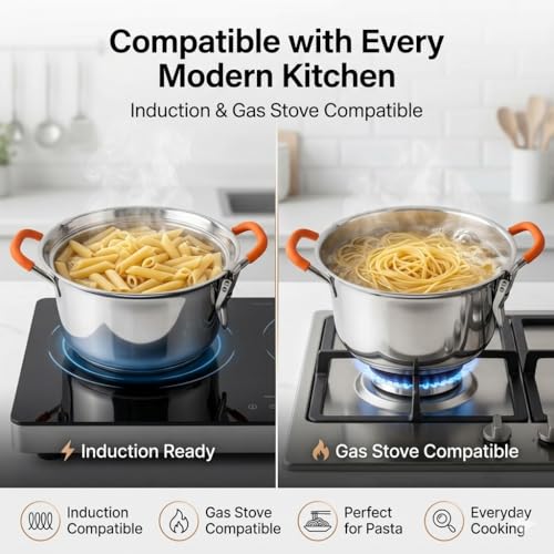 Image of MYNAKSHA Stainless Steel Strainer Pot with Double Lid, Heavy Base 0.8 CM Rice Cooker with Locking Handles, Induction & Gas Compatible, Drain Easily, Ideal for Pasta, Noodles & Vegetables - 6.5 L
