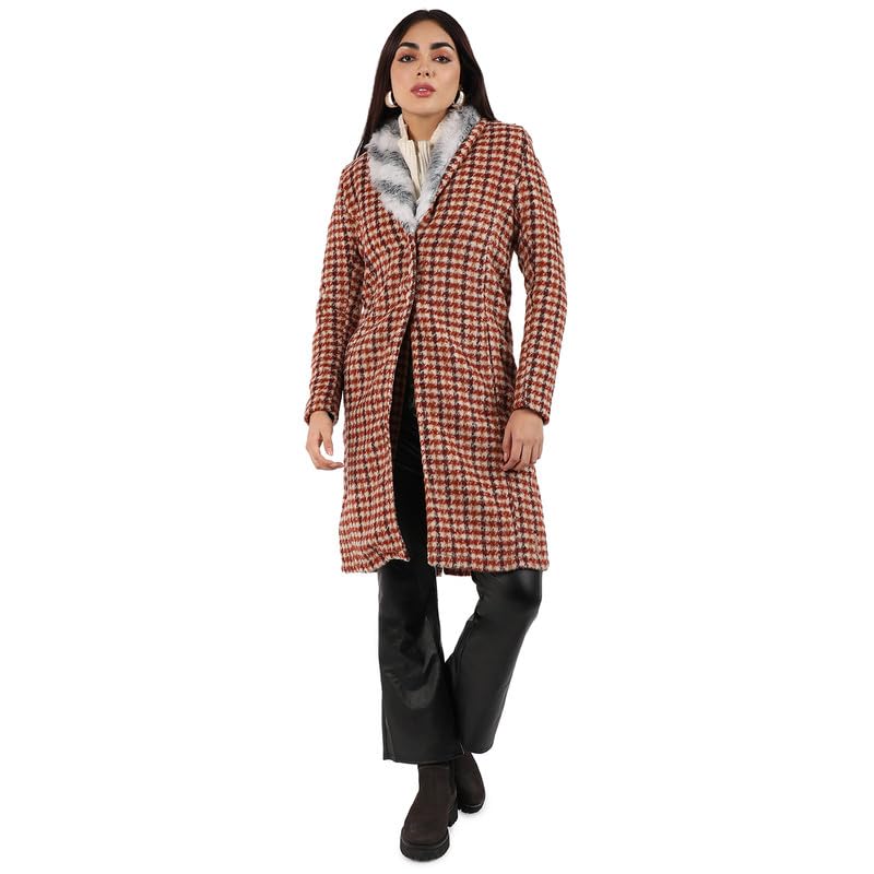 pinacolada Women's Chesnut Brown Houndstooth Long Length Coat With Faux Fur Neck For Casual Wear|Shawl Collar|Long Sleeve|Button Closure|Long Coat Crafted With Comfort Fit For Everyday Wear-picture-48