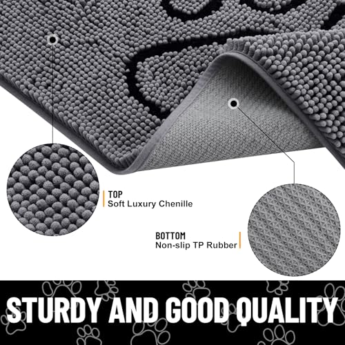 Image of Smiry Dog Door Mat for Muddy Paws, Absorbent Dirt Trapper Non Slip Quick Dry Washable Chenille Mat for Mud Dogs, Entry Rug for Indoor and Outdoor (70x24 Inches, Dark Grey and Black)
