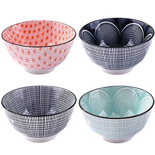 Japanische Reisschüsseln, 11,4 cm, Keramik, verschiedene Designs und Farben mit Linie und Wellen, unterglasiertes Geschirr, ideal für Suppen, Snacks, Müsli, 4 Stück Cover
