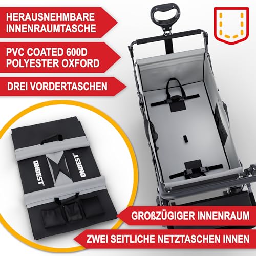ONBEST Bollerwagen faltbar - Plus Regenschutz - Faltbollerwagen mit Dach 100 kg Zuladung – Sonnenschutz Dach – Kühltasche – Becherhalter – Outdoor – klappbarer Strandbollerwagen (Schwarz) – Bild 8