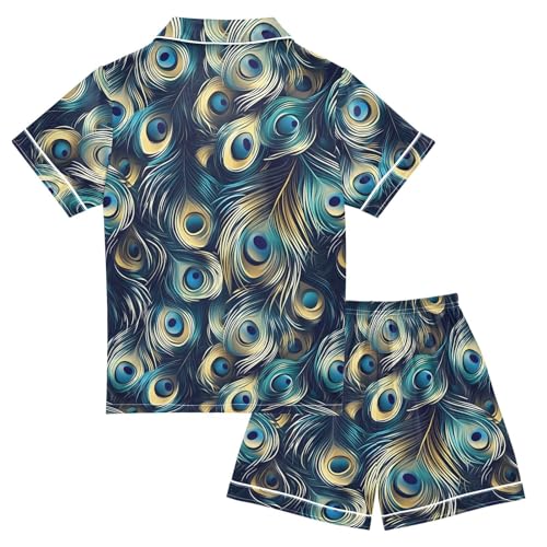 Blue Peacock Feathers Summer Pajamas Set Soft Satin Pjs Sets 2 Piece Short Sleeve Sleepwear Casual Clothes2