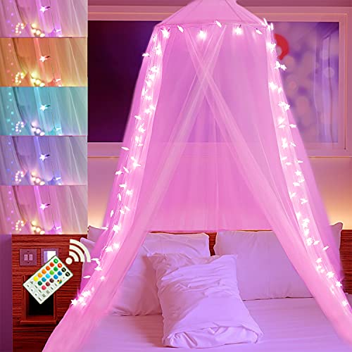 Pink Bed Canopy with Lights for Girls, 100LED Colors Changing Star String Lights Princess Canopy Bed Curtains for Women Bedroom Decor, Hanging Dome Bed Netting for Twin Full Queen King