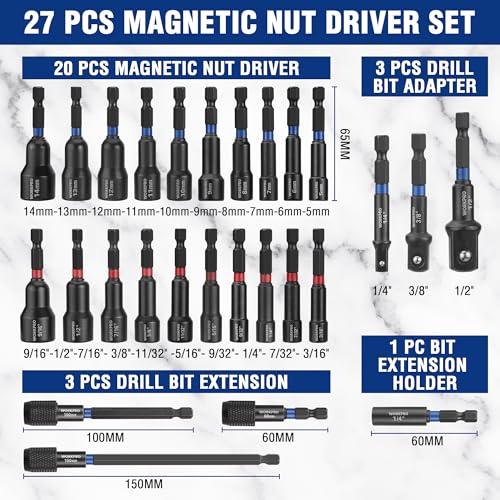 Image of WORKPRO 27 PCS Magnetic Nut Driver Set, Impact Drill Driver Bit 1 /4 inch Hex Shank, SAE & Metric Cr-V Steel Power Nut Drivers with Quick-release Extensions, Impact Socket Adapters, Bit Holder and Toolbox