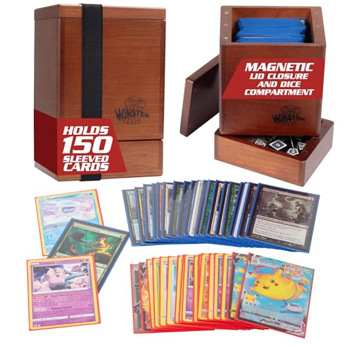 Monster Wooden Deck Box w Strong Magnetic Lid, Dice Tray & Security Band- Premium Holds 150 Sleeved Cards- Compatible w Yugioh Commander Magic the Gathering MTG Sport Trading TCG Games, Gift