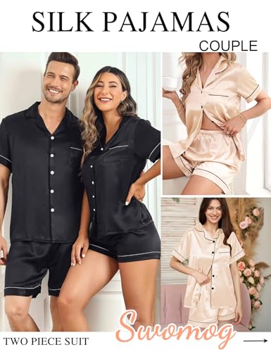 Image of SWOMOG Womens Silk Satin Pajamas Set Short Sleeve Sleepwear Button Down Top and Shorts Loungewear 2 Piece Pjs Set XS-3XL