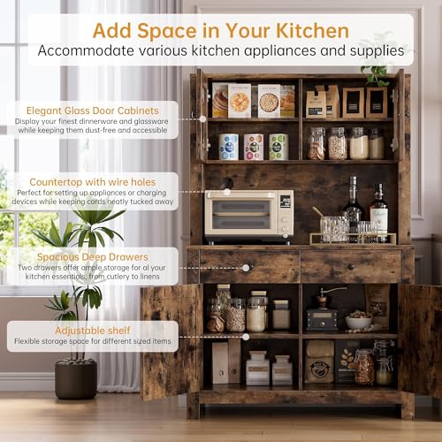 GarveeHome Kitchen Pantry Cabinet with Microwave Stand, Freestanding Hutch Cabinet with Buffet Cupboard, Tall Kitchen Cabinets with Adjustable Shelves for Dining Room, Brown