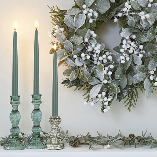 Image of CVHOMEDECO. Flameless Taper Candles with 10-Key Remote, Battery Operated Led Flickering 3D Wick Window Candles Real Wax Finished Home Christmas Party Decor 0.78 x 11 Inch, Pack of 3, Grey Green