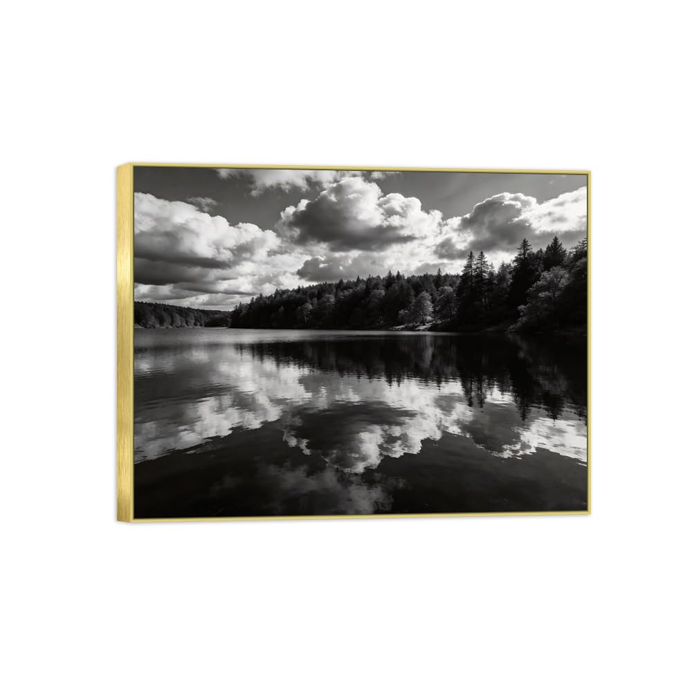 Lake Clouds 3 Black White Landscape Canvas Picture 50x65cm Gold Frame