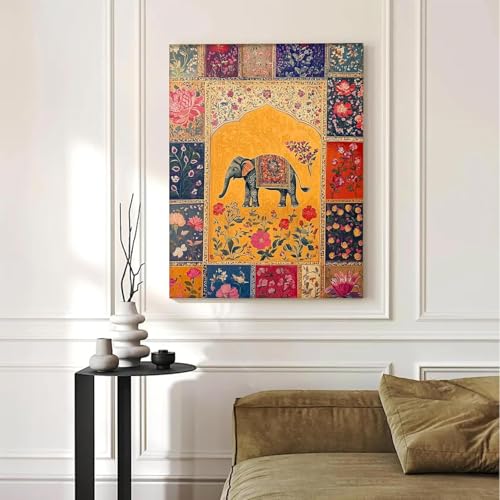 Image of PAINTINGMANTRA Elephant Vastu Madhubani Canvas Wall Painting for Living Room | Ethnic Indian Elephant Wall Art for Home Decor | Office Size :41x56 cm Gallary Wraped