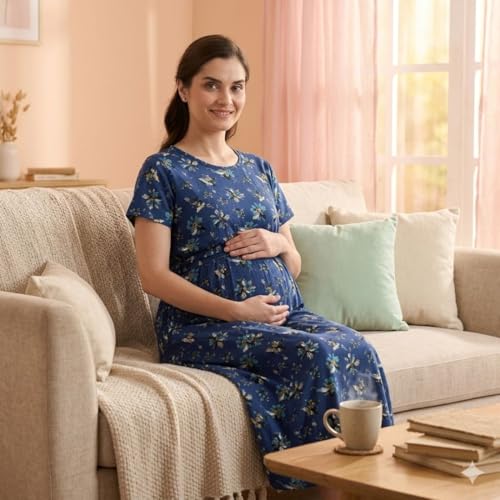 Image of Zero Clothing Feeding Dress for New Moms Casual Loungewear Ankle Length | Cotton Maternity Nighty | Zipless Feeding Dresses for Women | Pregnancy & Nursing Wear