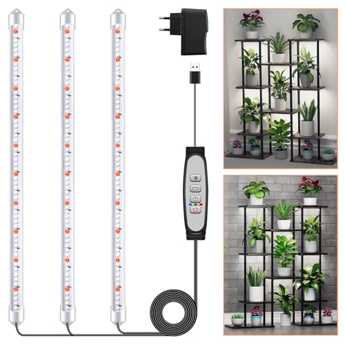 3 Barras de Luz para Cultivo de Plantas, Lámpara de Luz Solar de Espectro Completo con Temporizador 6/12/18H, 5 Niveles Regulables para Suculentas, Estante para Plantas, Bajo Armario