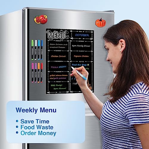 Magnetic Menu Board For Fridge, Liebhome Dry Erase Weekly Menu Planner/Family Calendar 16" X 12" With Grocery List And Notes (Black With 8 Markers) #TOP3