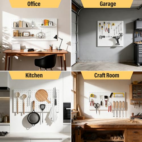 Image of DEWEL Peg Board, 23 inch x 12 inch Metal Pegboard Panels, 4 Pack Metal PegBoard Organizer with Accessories, Wall Organizer Peg Board for Garage and Garden Tool Storage, Includes Installation kit(4pcs white)