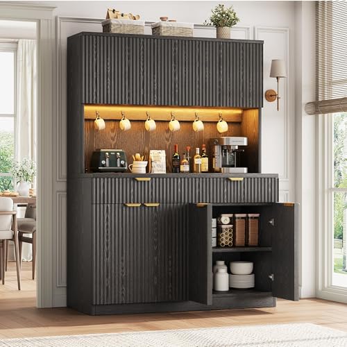 Image of Fluted Kitchen Pantry Storage Cabinet with Charging Station /LED Light /Drawer /Doors /Shelves, 71'' Tall Kitchen Food Hutch with Microwave Stand for Dining Room Living Room (Black, 47*15.7*71)