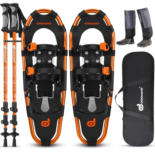 Odoland Raquetas de Nieve Juego 4 en 1 para Hombres y Mujeres, Raquetas Nieve Ajustables con Bastones de Trekking, Polainas de Pierna Impermeables y Bolsa de Transporte, Naranja, M