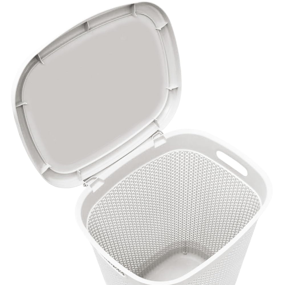 Virsus Cesto Portabiancheria in Plastica Effetto Rattan, 39,5x37x54 cm, cesta rettangolare con coperchio, struttura Intrecciata per biancheria sporca in bagno, lavanderia, Hotel -4037F-1,8 (Bianco)