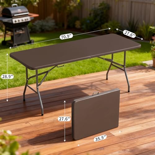 Image of BestOffice 6 FT Picnic Table, Portable Plastic Folding Table with Carrying Handle Perfect for Picnics, Parties, Party and Camping, Brown