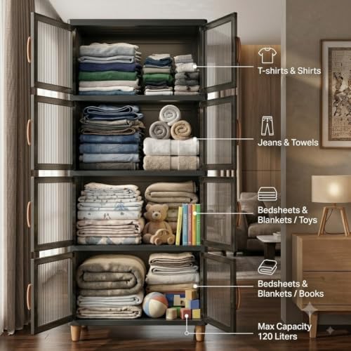 Image of YouCopia 4 Tier Plastic Wardrobe Organizer /Foldable Cupboard for Storage /Stackable Storage Cabinet /Drawers for Storage Box /Multipurpose Storage Rack /Plastic Wardrobe Organizer (4-Layer)