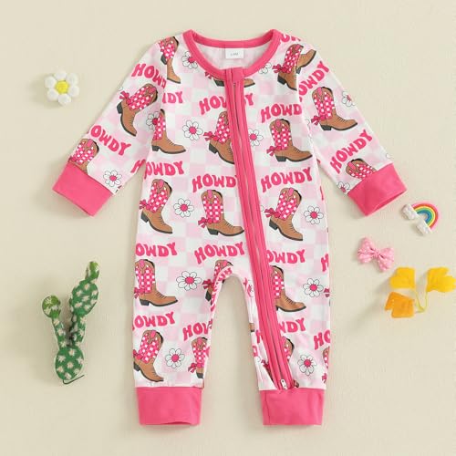 Seyurigaoka Western Baby Girl Fall Clothes Cowgirl Howdy Boot Romper Zipper One Piece Jumpsuit Cute Newborn Outfits3