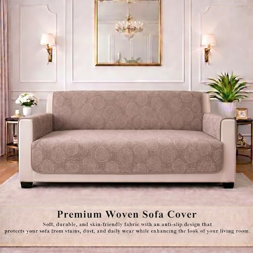 Image of STITCHNEST 'Opulence Series' Floral Woven Sofa Cover for 3 Seater | Premium Soft Fabric Sofa Protector | Beige Circular Pattern with Tassel Edge Finish | Durable Living Room Furniture Cover