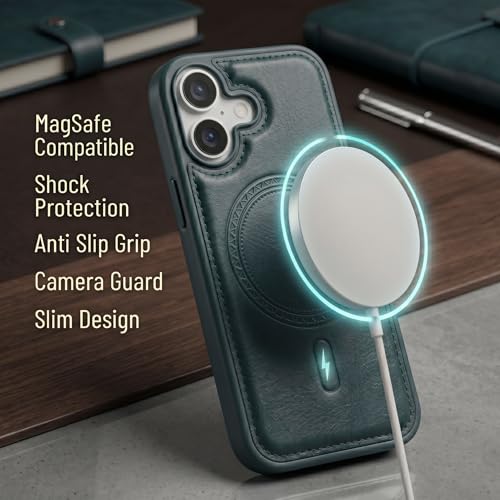 Image of amazon basics Premium PU Leather Case for iPhone 16, MagSafe Compatible Magnetic Ring, Sleek Protective Back Cover - [Blue]