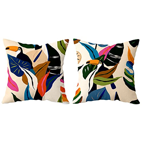 Outdoor Throw Pillow Covers Boho Toucans Colorful Jungle Leaves Abstract Art Decorative 16 x 16 Inch Oxford Tropical Cushion Covers for Home Bedroom Living Room Sofa Decor Set of 2
